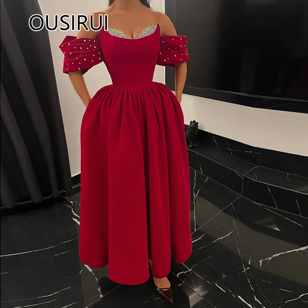 Glamorous Off-Shoulder Satin Women's Evening Gown Beaded Crystal Ankle-Length Open Back Ball Gown Prom Party Dress Customizd