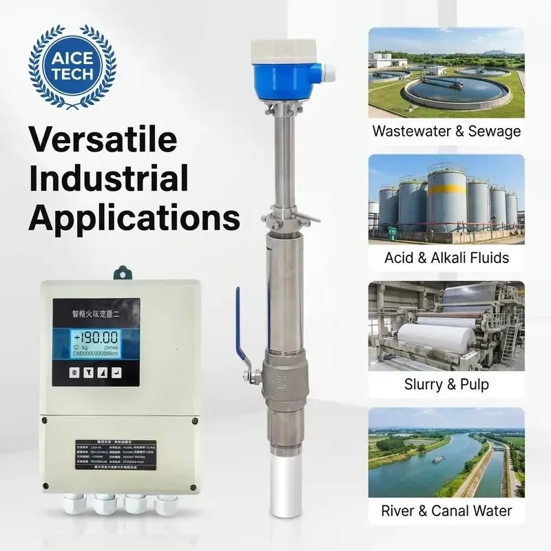 for AICE TECH Insertion Magnetic Flowmeter Stainless Steel Ball Valve Strong Acid Alkali Slurry Remote Display DC24V