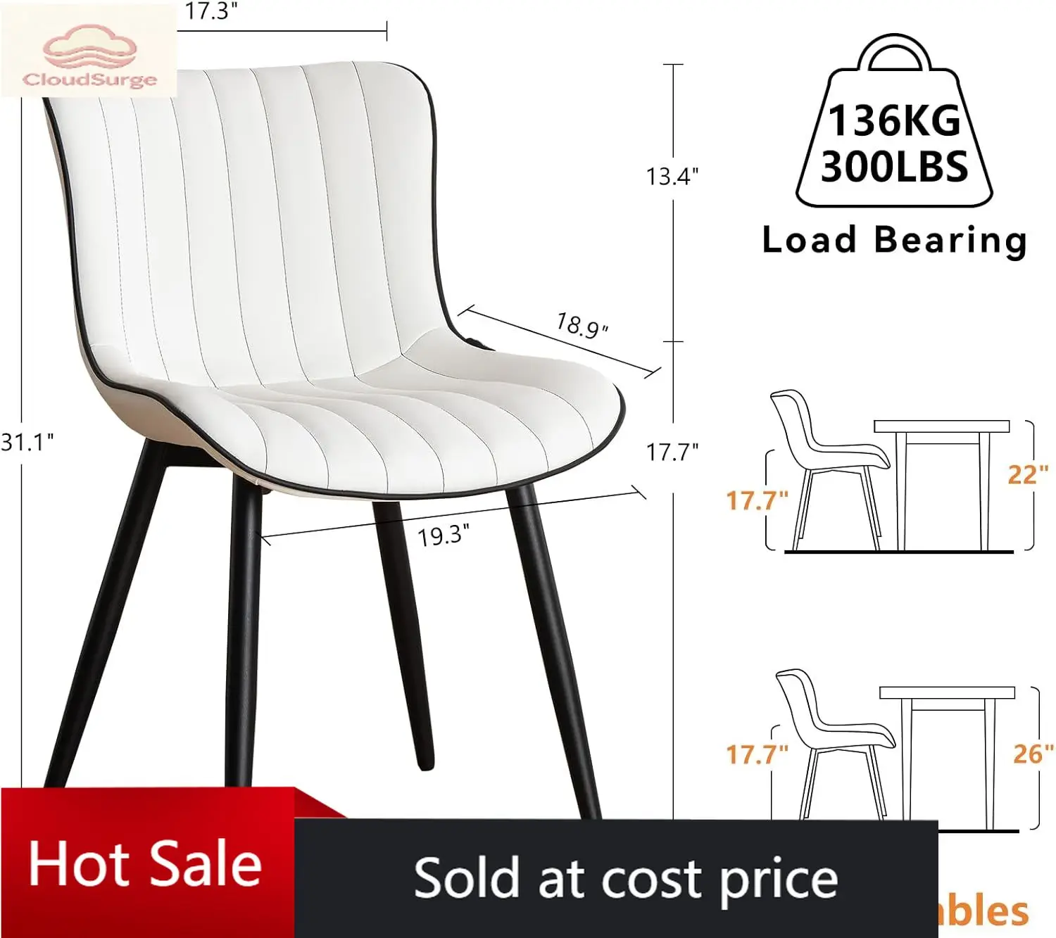 

Комплект из 2 обеденных стульев в стиле Mid-Century Modern, белые кухонные стулья с обивкой из искусственной кожи и черными металлическими ножками, Arml