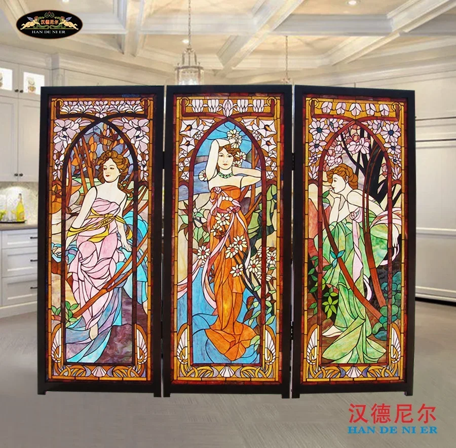 Color church art partition European retro inlaid solid wood frame figure beauty screen