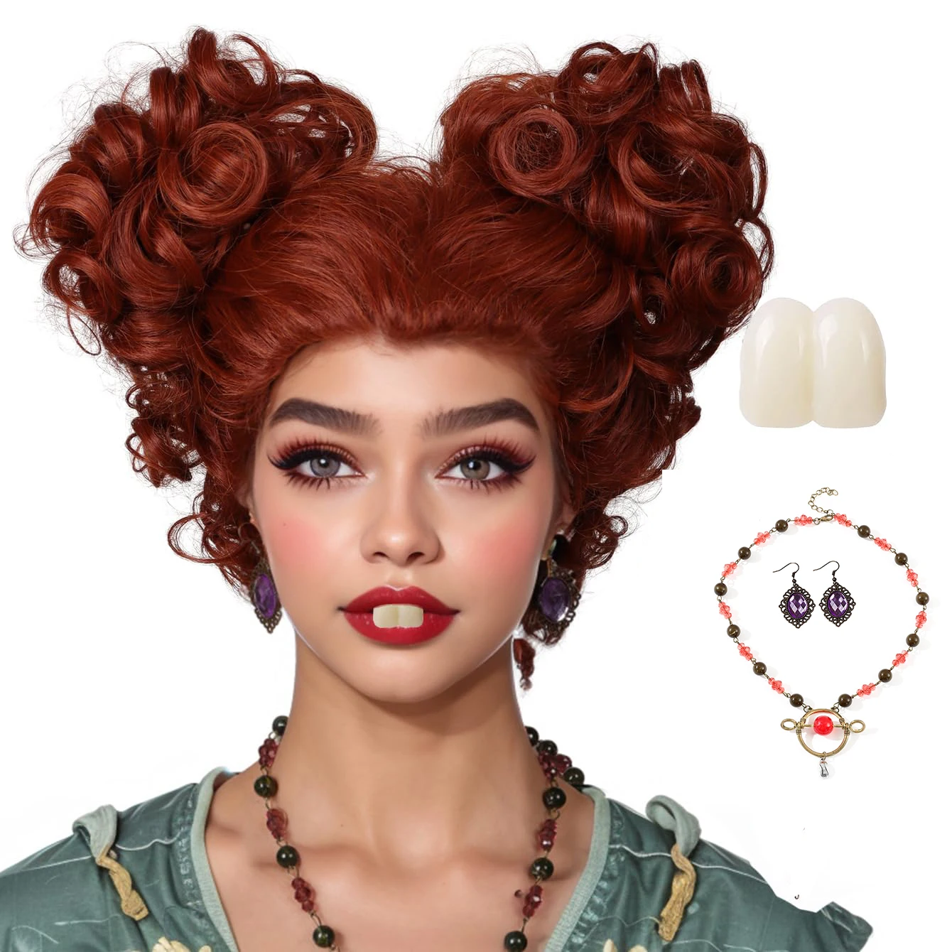 Women Witch Cosplay Wig Earrings Necklace and Tooth Cap Set Cosplay Accessories For Winifred Sanderson Hocus Pocus For Halloween