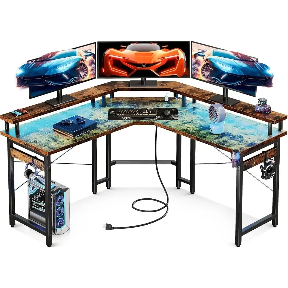 L Shaped Gaming Desk with LED Lights and Power Outlets 51