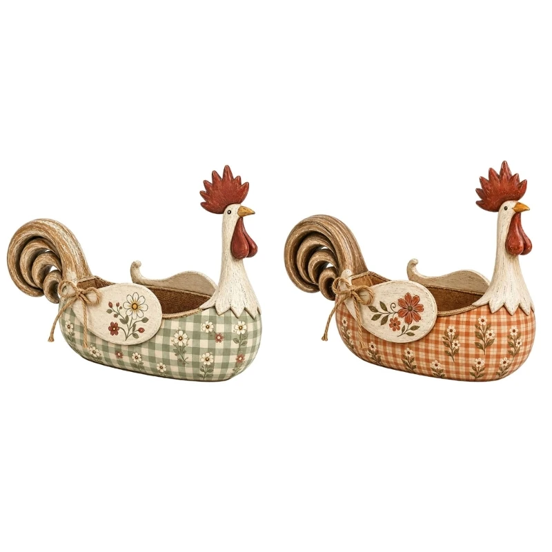 Country Chicken Besteckbehälter aus Holz mit deckellosem Zugang und Gingham-Blumendetail für die Tischorganisation 3XUF – Detail 1