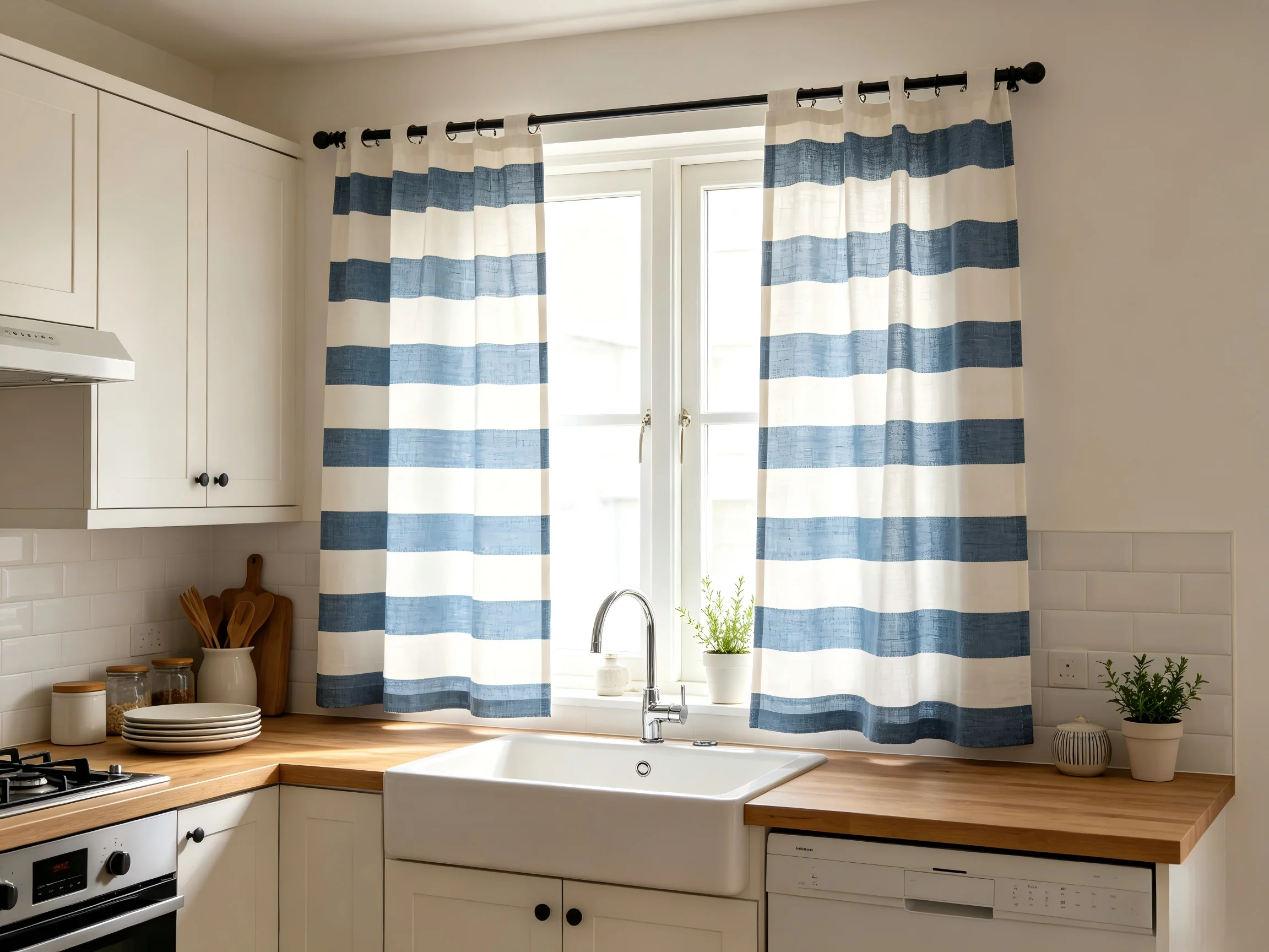 200108    Blue and white horizontal striped linen curtain Nordic open kitchen