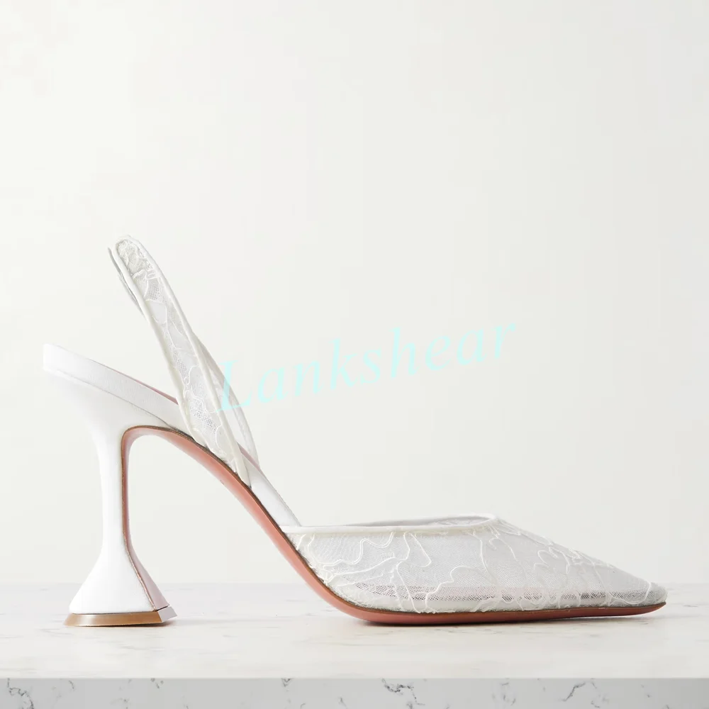 White Lace Mesh Slingback Pumps for Women Sheer Floral Lace Design Sculptural Flared Heel Elegant Footwear for Weddings Evening