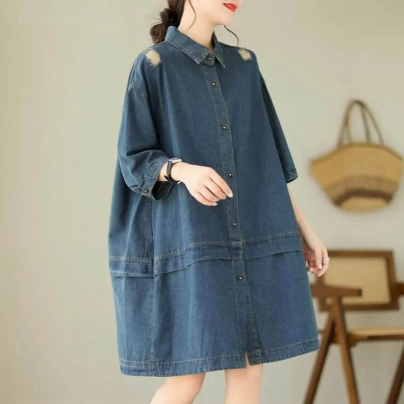 Pop Blue Denim Dresses Women Polo-neck Casual Loose A-line Single Breasted Shirts Skirts Pocket Design Vintage Trend Artistic Dr