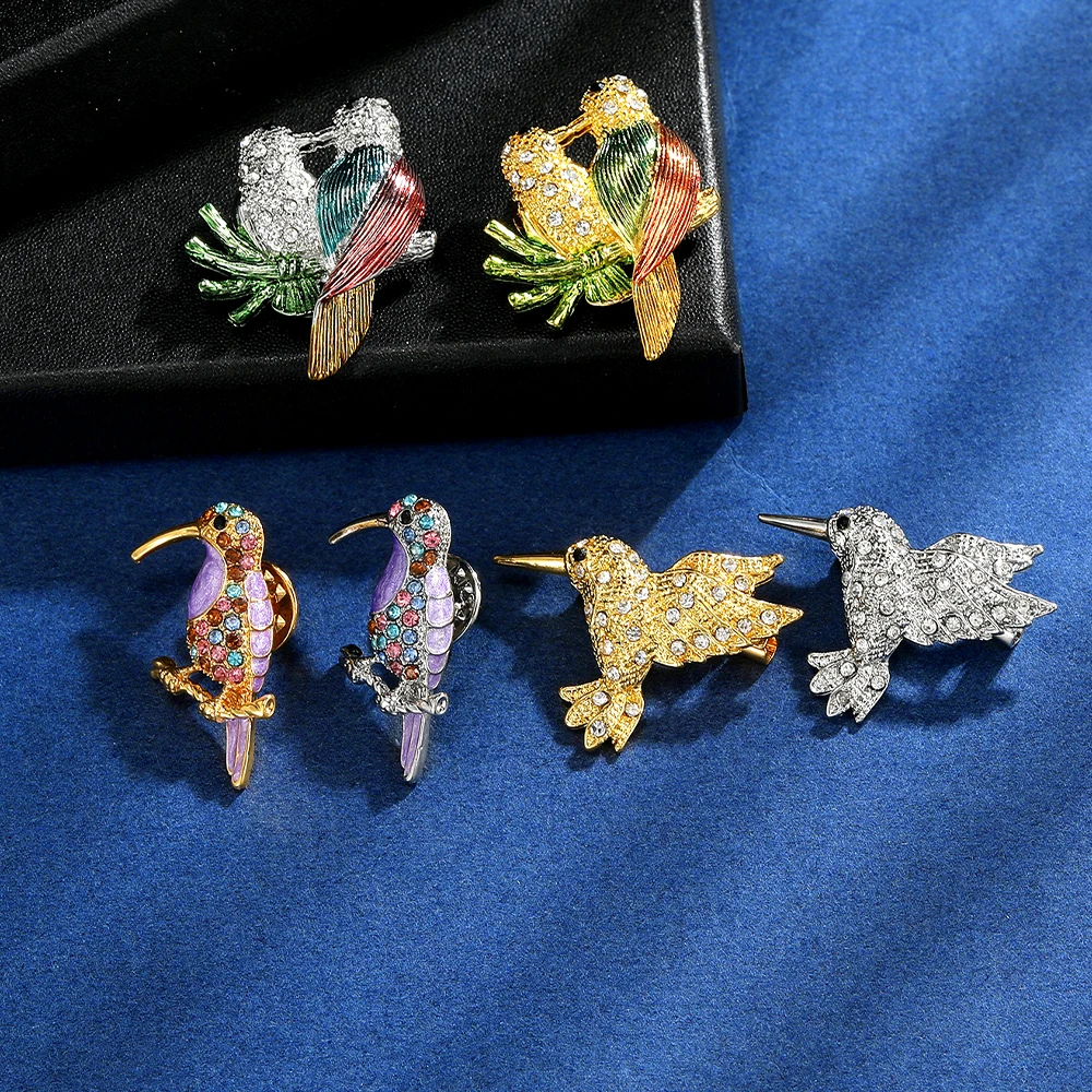 Pretty Birds Theme Rhinestone Lapel Pins Shiny Woodpecker Hummingbird Mandarin Duck Crystal Brooches For Women Jewelry Wholesale