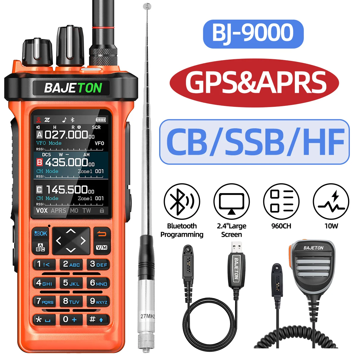 BAJETON BJ-9000 Walkie Talkie CB/SSB/HF 27Mhz Bluetooth Programmeerbare GPS APRS 10W Lange afstand Voor RT-950 RT-950 PRO Ham Radio