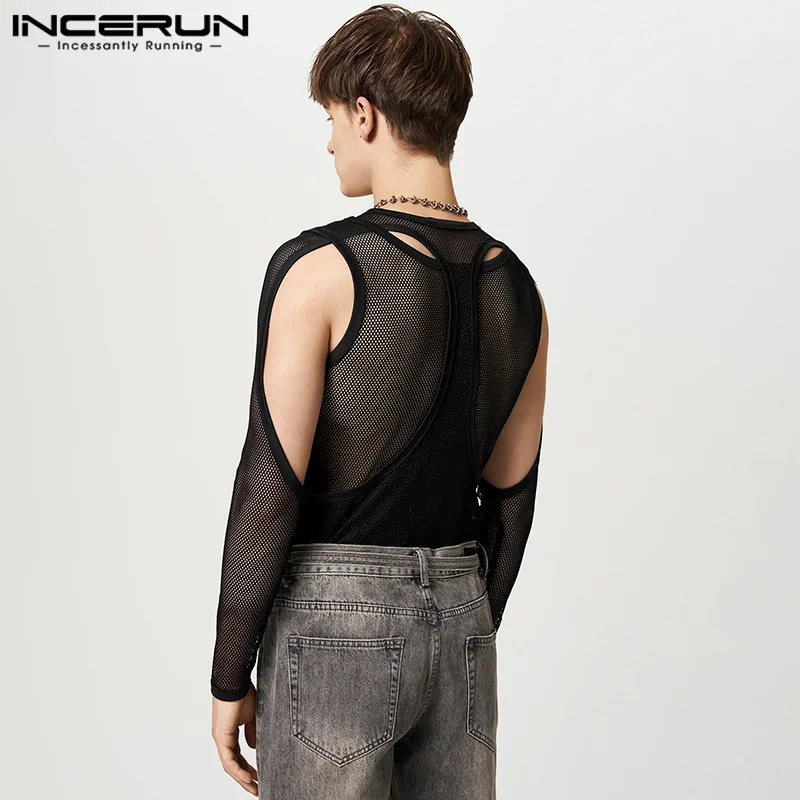 INCERUN Men T Shirt Mesh Patchwork Transparent O-neck Long Sleeve Fashion Tee Tops Men 2023 Streetwear Hollow Out Sexy Camisetas