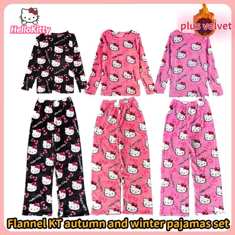 

2pcs 40-80KGTrousers Winter Leisure Home Clothing Anime Hello Kitty Warm Thickened Women's Pajama Pajamas Pants Flannel Pajamas