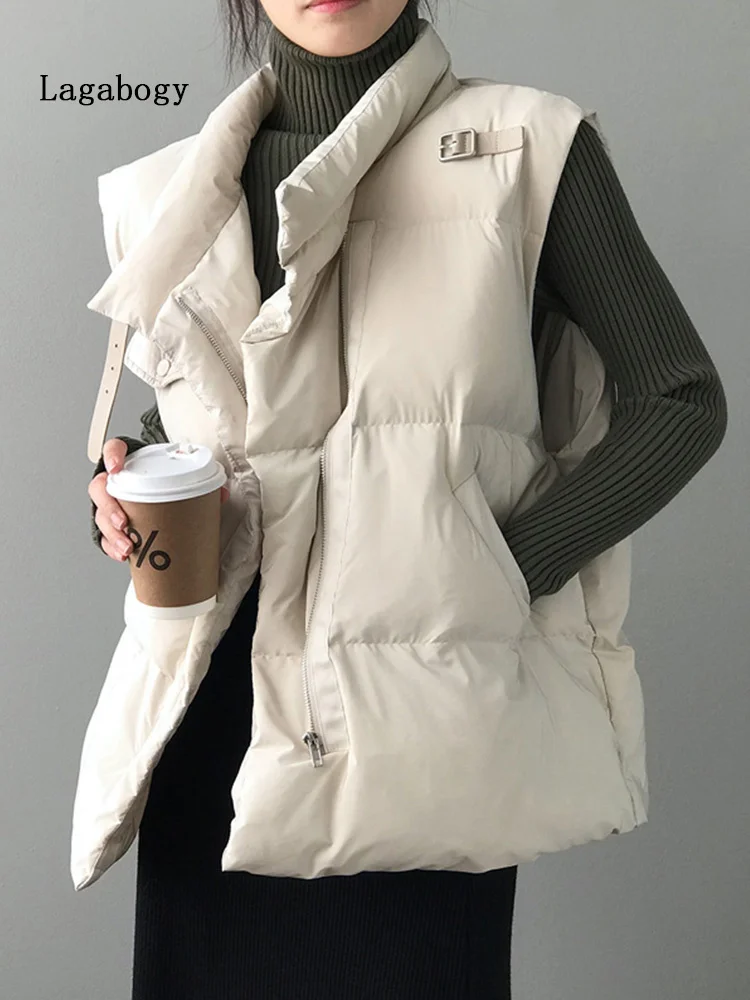 

Stand Lagabogy 2023 New Solid Winter Warm Collar Vest Women Windproof Thick Waistcoat Female 90% White Duck Down Coat Sleeveless