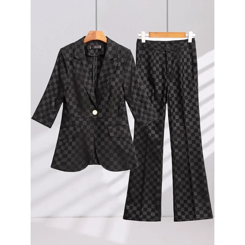 Spring Summer Blazer And Pant Suit Women Black Blue Apricot Plaid Female Business Work Wear Formal 2 Piece Set For Office Ladies