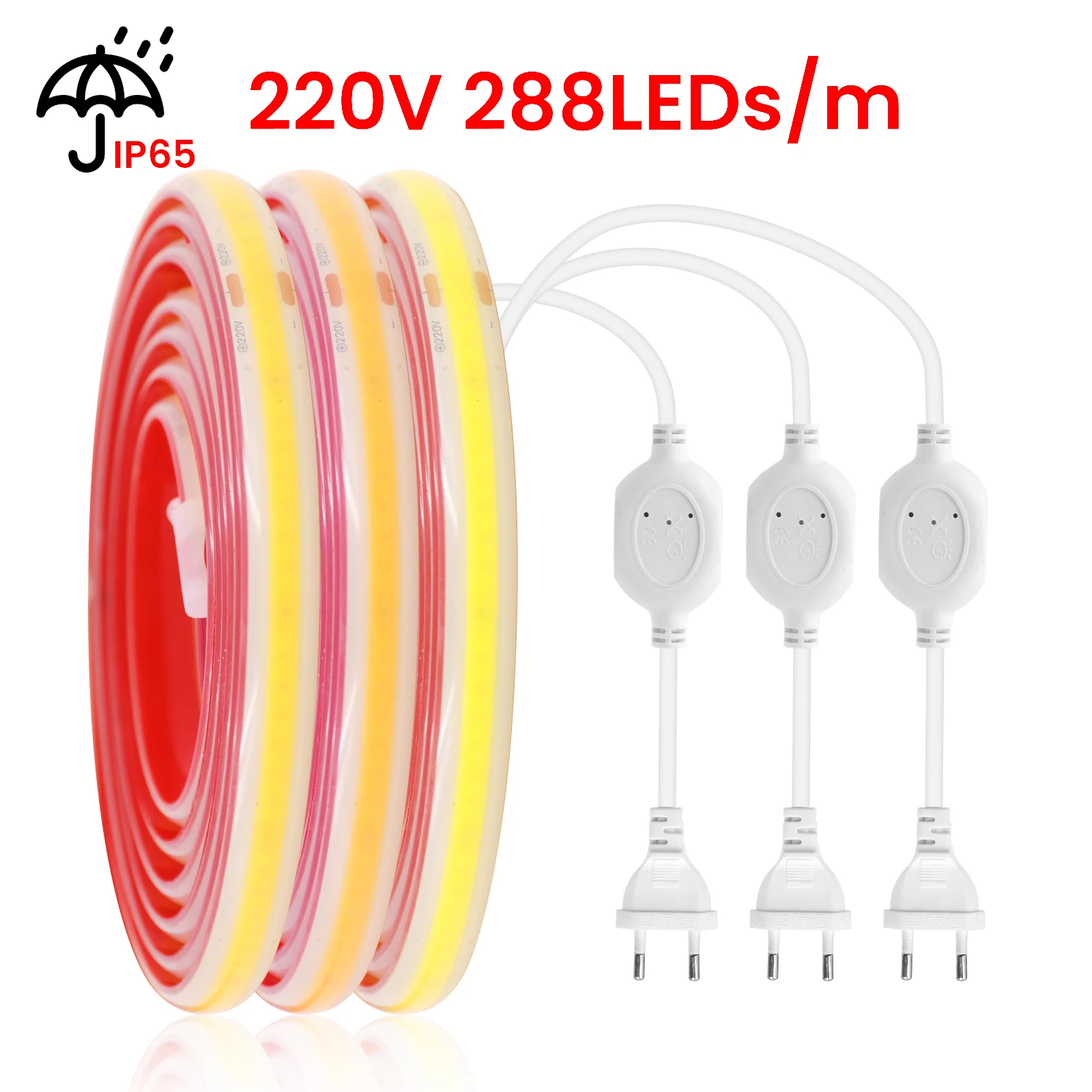 IP65 Waterproof COB LED Strip Light with Strong Adhesive Tape 220V Flexible LED Tape COB LED Lights High Density Linear Light