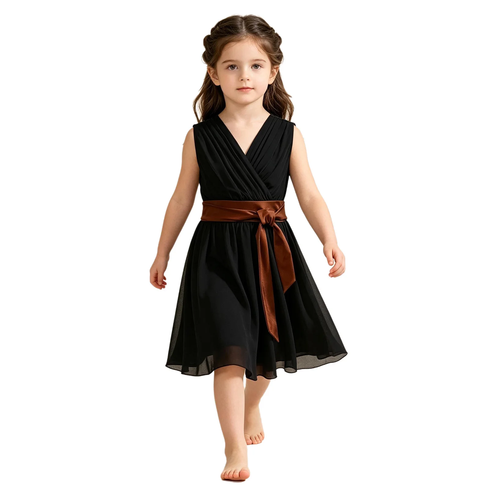 Kids Girls Little Adventures Dress Sleeveless V-neck Zipper Pleated Performance Dress with Sash Halloween Cosplay Costumes