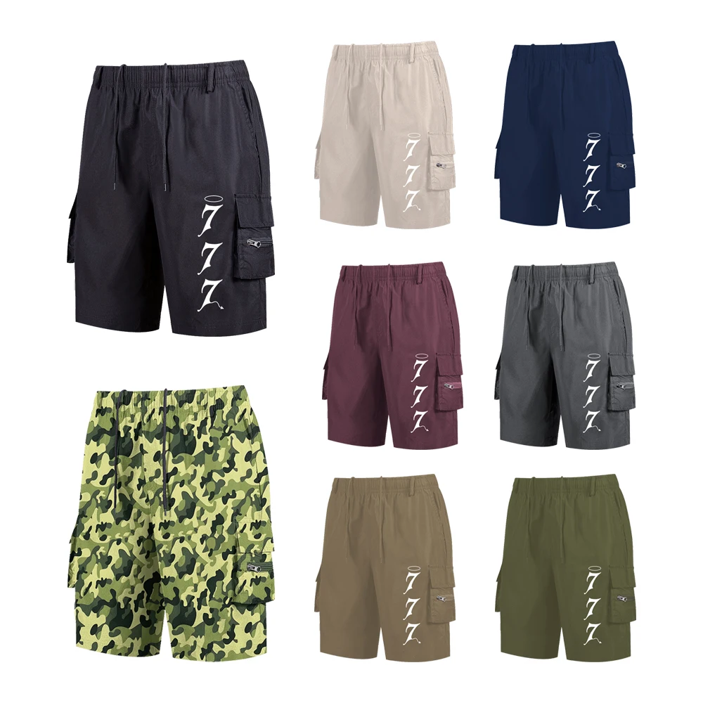 

Summer Men's Cargo Shorts Loose Fit Multi Number "777" Print Pockets Streetwear Casual Sports Knee Length Short Pants