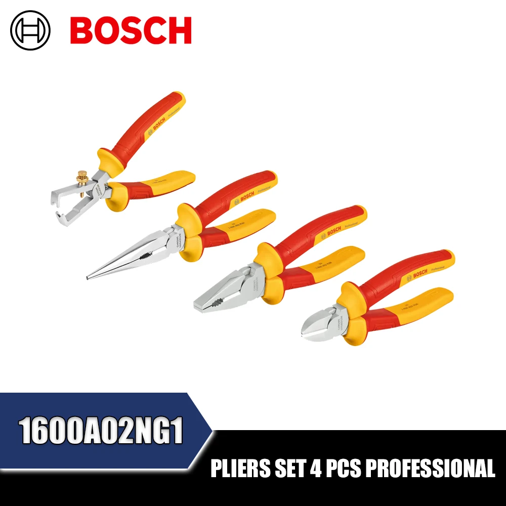 BOSCH 1600A02NG1 VDE Pliers Set 4 Pcs Professional Hand Tools Long-nose Pliers Diagonal-cut Pliers Wire Strippers
