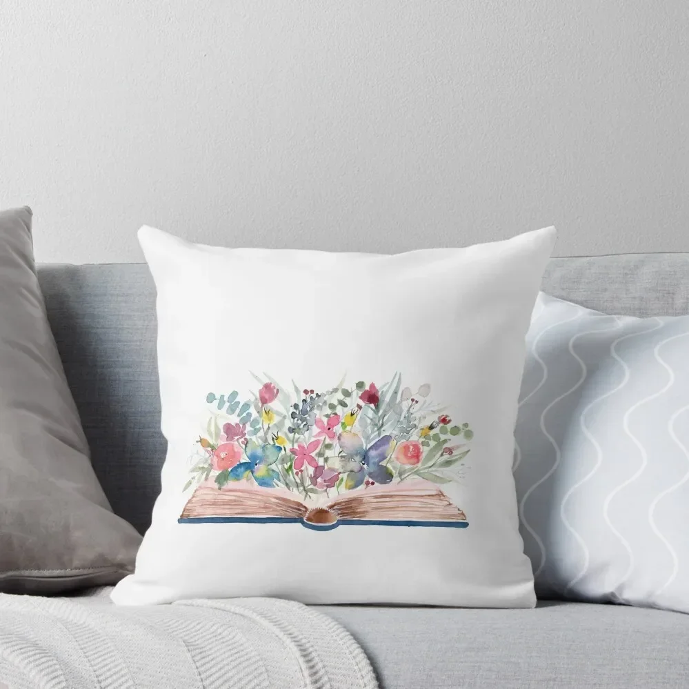 Watercolor Open Book with Florals Throw Pillow Pillowcase Cushion ornamental pillows pillow