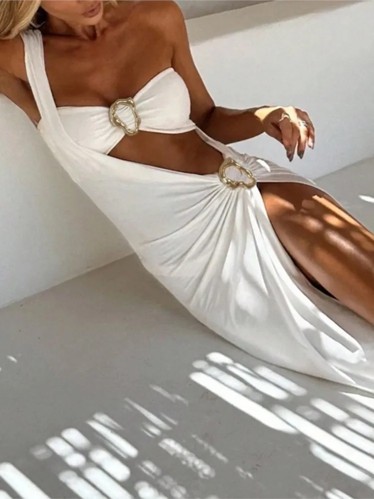 

3-piece Sexy Lady Swimsuit Bandeau Solid Color Bikini Set With One-shoulder Cover-up Beach Water Sports Pool Three-pieces Sets