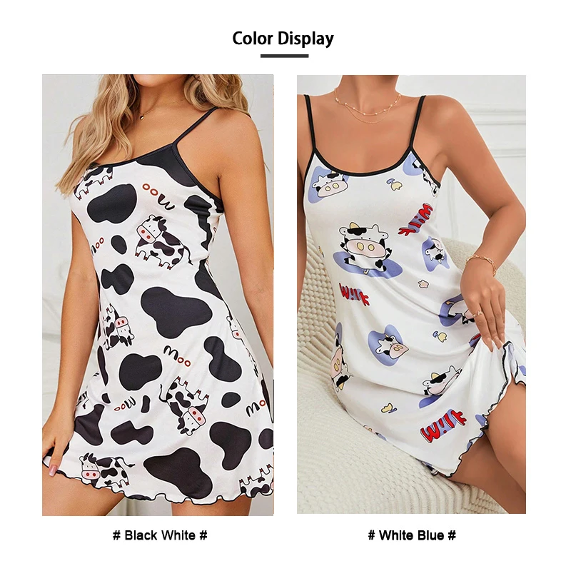 Cartoon Cow Print Nightdress Cute Crew Neck Spaghetti Strap Sleep Home Clothes Women\'s Sleepwear Sleeveless Nightgown Loungewear