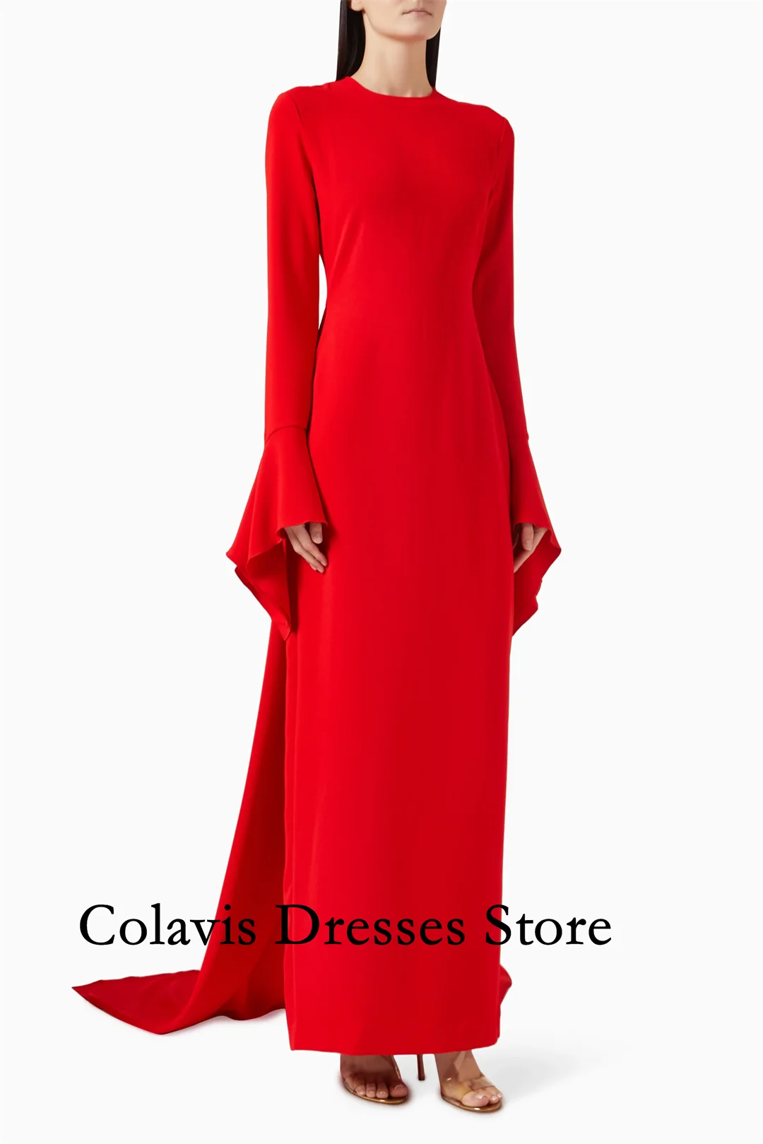 

2025 Customized O-Neck Flare Sleeves Mermaid Crepe Red Prom Dresses Evening Dress Women Evening Gowns Formal Party Dress