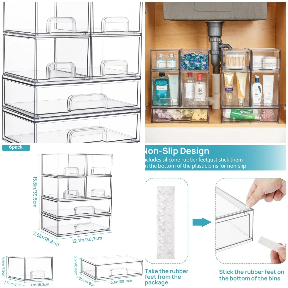 

Штабелируемые ящики для хранения, набор из 6 шт., прозрачные пластиковые контейнеры для ванной комнаты, кладовой, стирки.