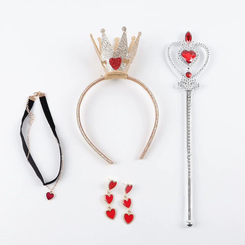 Herzen-Königin-Kostüm, rotes Königinnen-Kostüm, Accessoires: Krone, Stirnband, Zauberstab, Halskette, Socken, Herzring, Ohrringe, Halloween – Detail 3