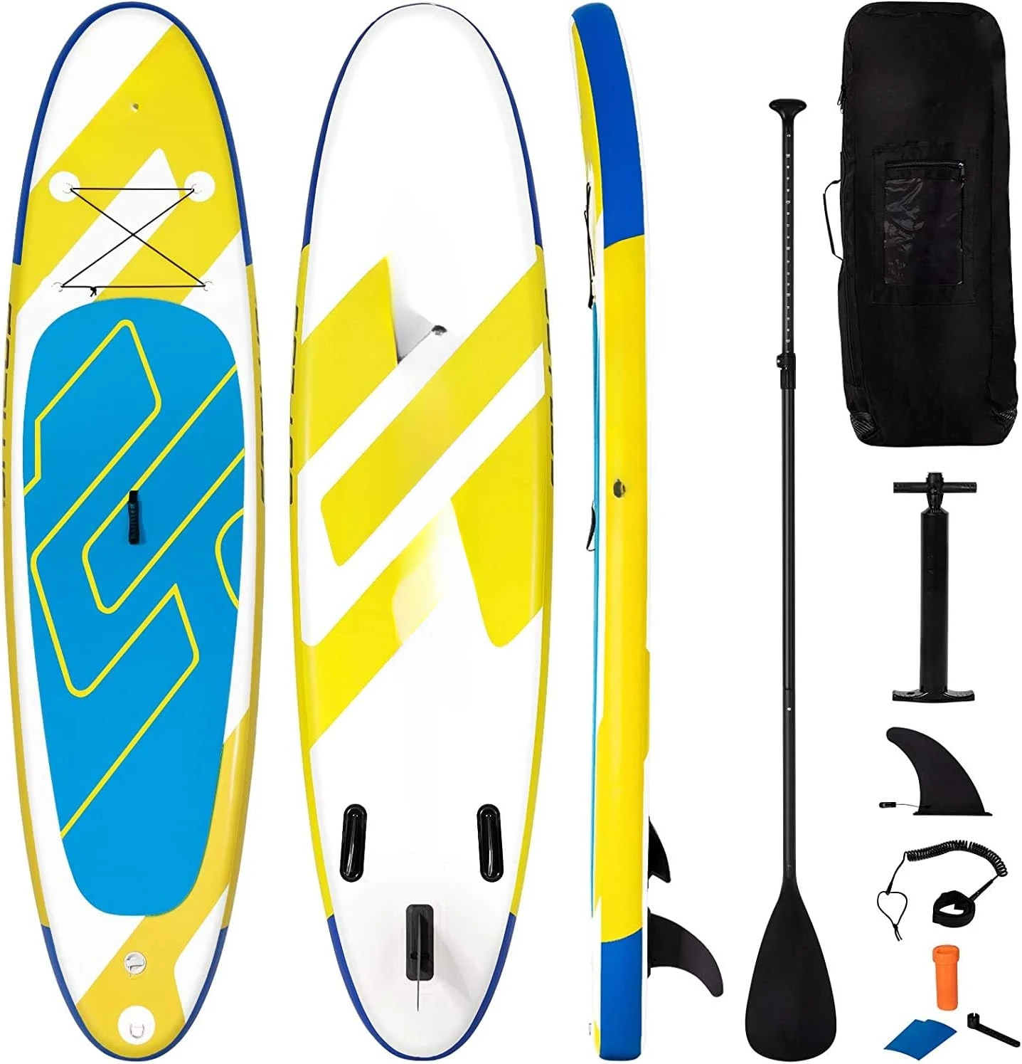 

Inflatable Stand Up Paddle Board, Accessory Pack, Adjustable Paddle, Carry Bag, Bottom Fin, Hand Pump, Leash and Repair Kit