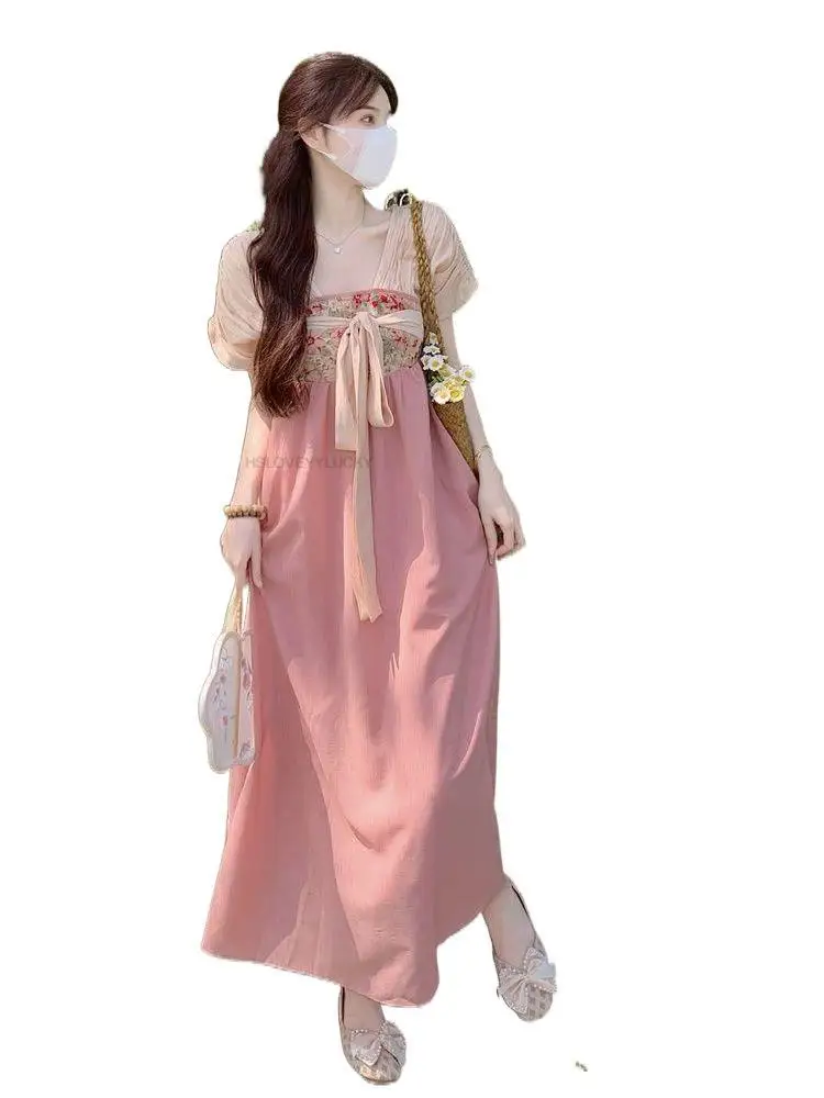 Spring Chinese Traditional Daily Hanfu Dress Set Women Ancient Style Improved Dress Oriental Style Women Pink Daily Hanfu Dress