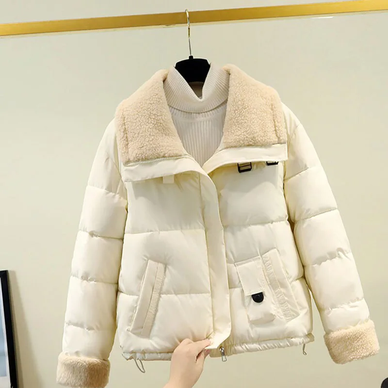 Women White Lamb Fleece Collar Puffer Jacket Zip Elegant Luxury Loose cotton Coat Cropped Warm Winter Lightweight Down Outerwear