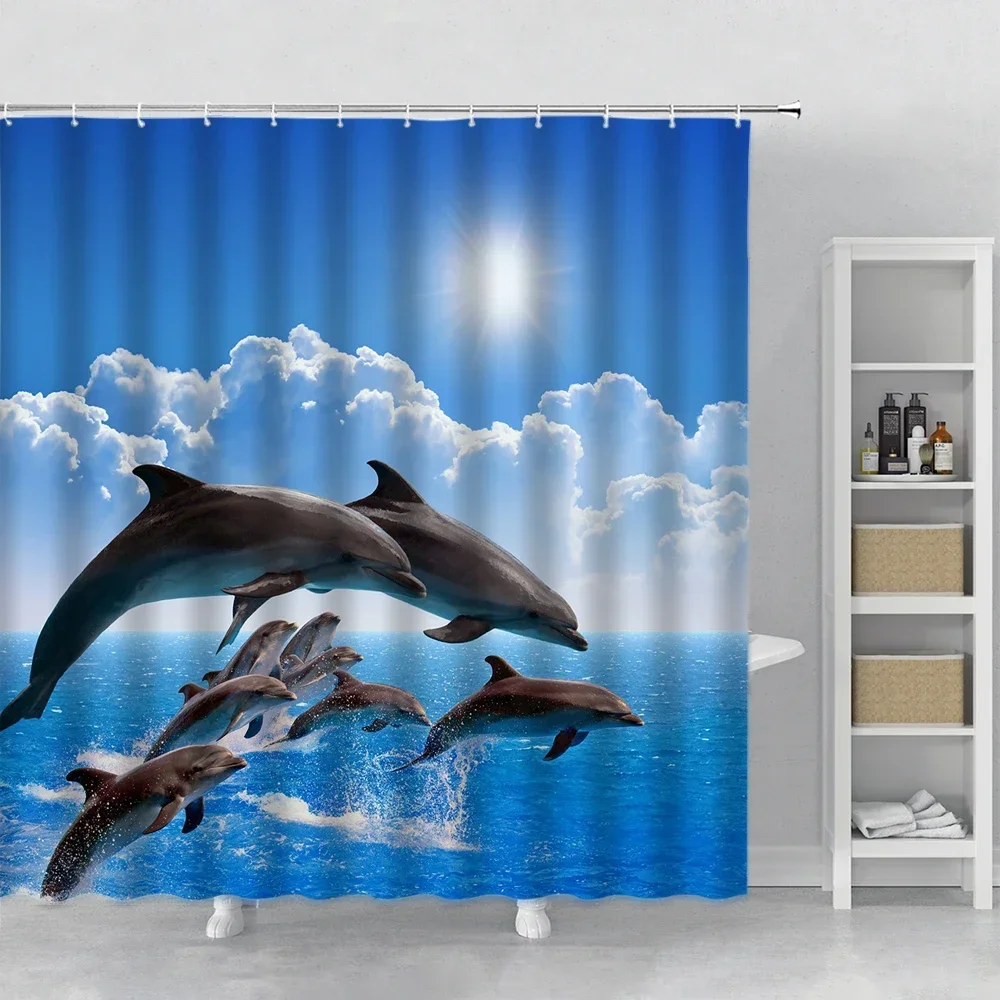 Leap Dolphins Blue Sky White Cloud Sunlight Ocean Shower Curtain Summer Tropical Sea Animals Ocean Theme Bathroom Bath Curtains