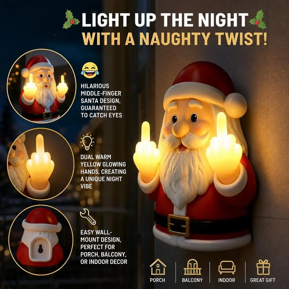 Funny Middle Finger Santa LED Night Light Christmas Hanging Ornament Tabletop Decor for Porch Bedroom Balcony Party Gift