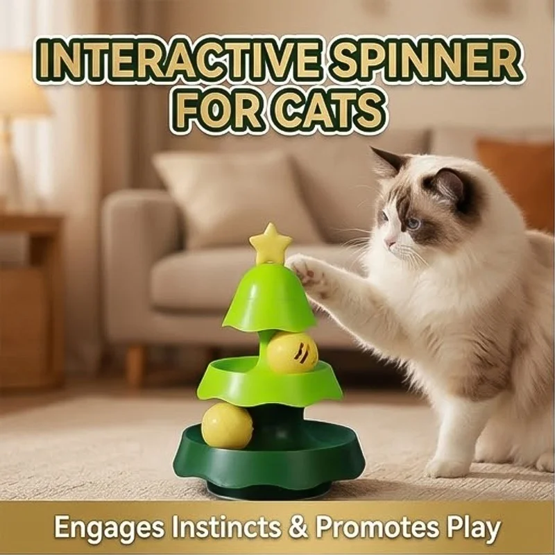 Interactive Christmas Tree Puzzle Toy for Cats - Mini Track Turntable with Glowing Ball Bell Feature Durable Safe Pet Playtime