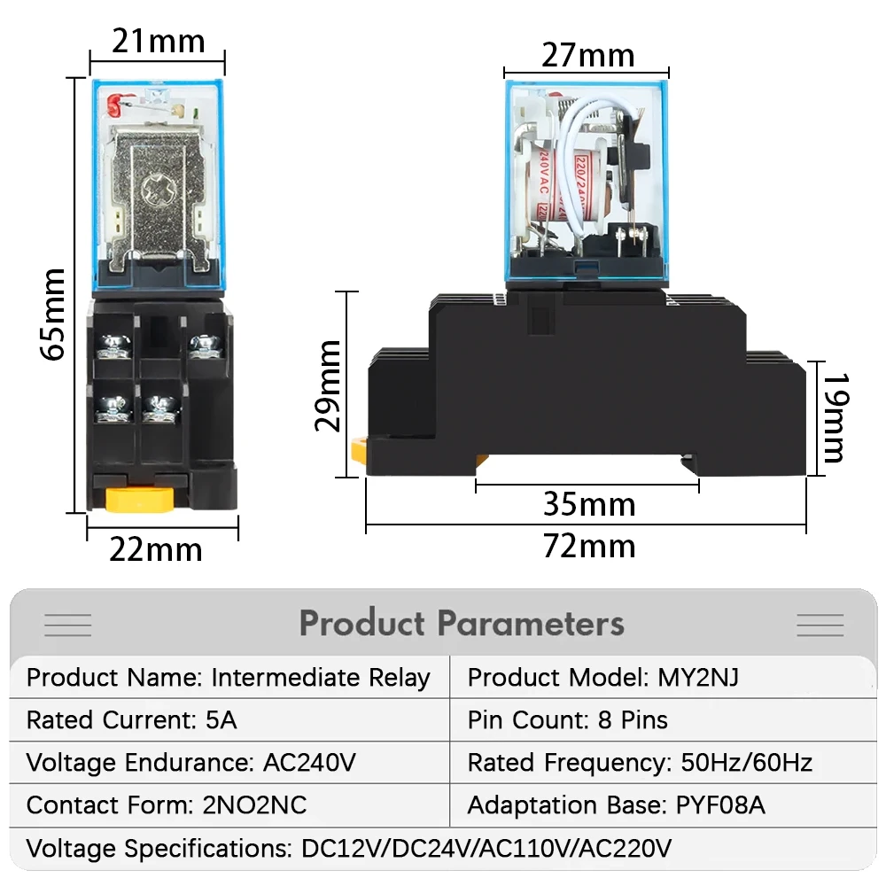 1Pcs MY2NJ MY4NJ Small Electromagnetic Relay 5A 8PIN 14PIN Coil Power Relay DC12V DC24V AC110V AC220V With Socket Base DIN Rail