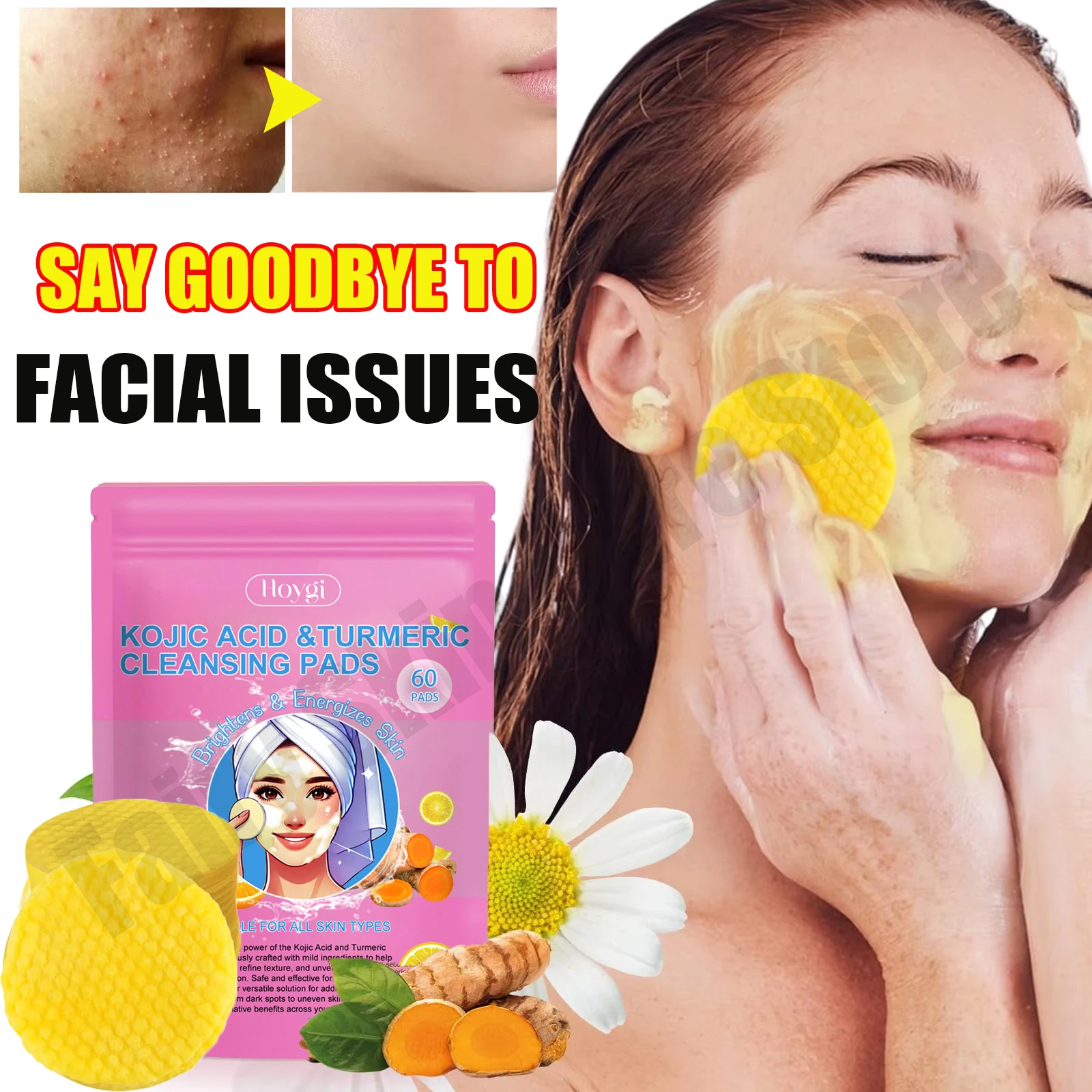 Turmeric Kojic Acid Cleansing Pads Exfoliating Pads Facial Sponges Removes Dirt Cleansing Exfoliating Daily Cleansing Skin Care