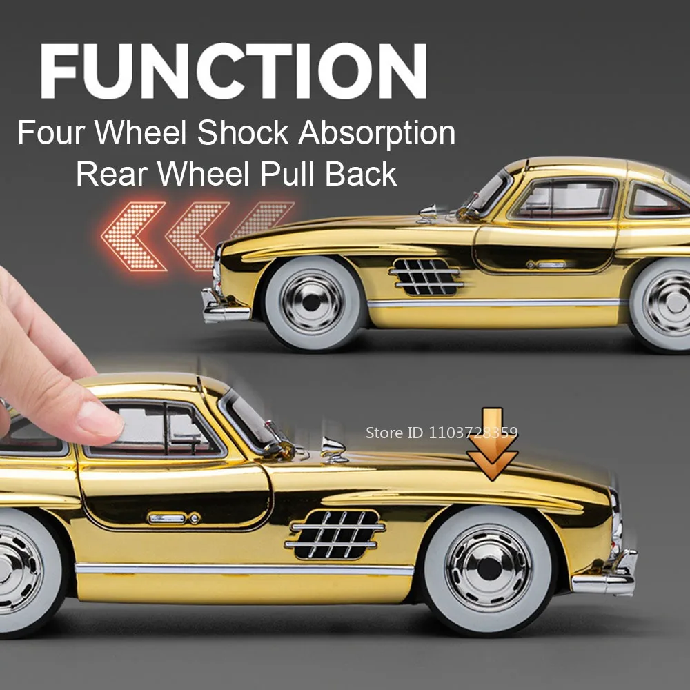1:24 Model Toy 300SL 500K Vintage Car Alloy Diecast Sound Light Door Opened Pull Back Shock Absorption Children Interactive Toys