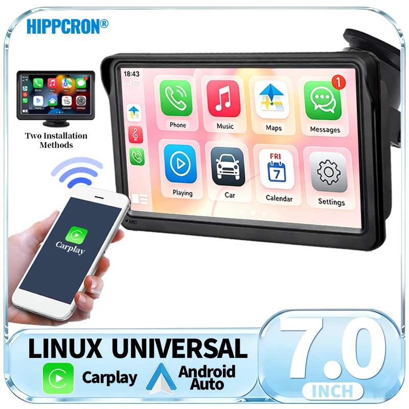 HIPPCRON Car Radio Multimedia Video Player 7 Inch Wireless Carplay Android Auto Portable IPS Touch Screen Bluetooth5.1 TF Card