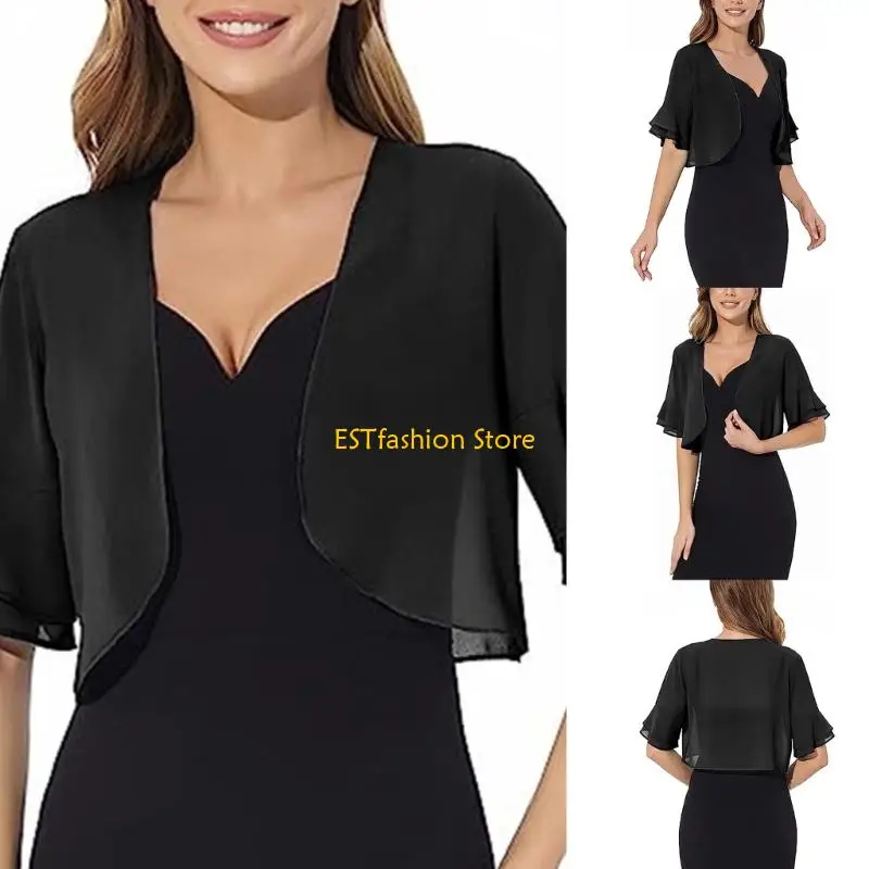 

Y5GC Women Elegant Loose Shrug Cropped Cardigans Open Front Short Sleeve Boleros Thin Top Jackets for Evening Dress