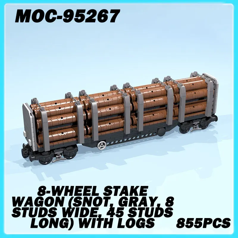 MOC-95267 Mini Train Series 8-Wheel Stake Wagon (SNOT, gray, 8 studs wide, 45 studs long) with logs Model Brick Puzzle Toy Gifts