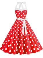 Women Summer Party Dress With Belt Polka Dot Print Halter Hepburn Robe 50s 60s Vintage Dresses - Image 5