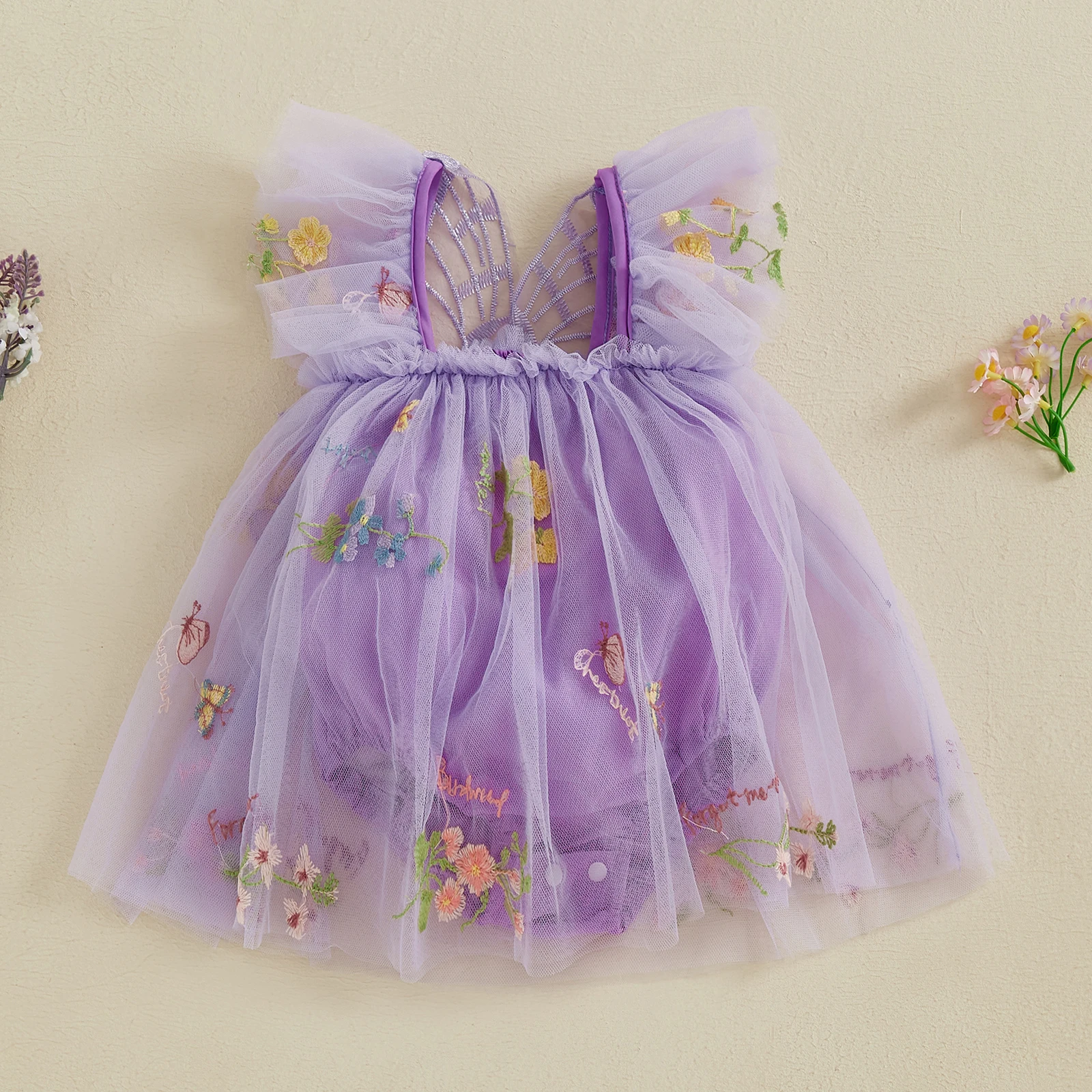 2026 Cute Baby Girls Romper Dress Mesh Flower Butterfly Embroidery Sleeveless Square Neck Adorable Jumpsuit