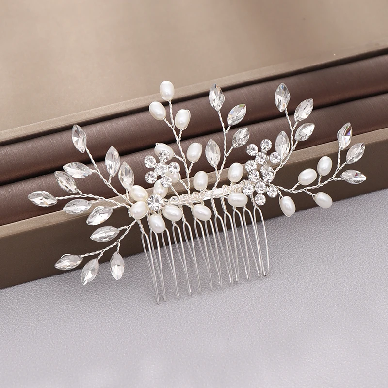 New Pearl Crystal Wedding Hair Combs Hair Accessories Silver Color Women Back Decorative Hair Comb Bridal Headpiece Hair Jewelry image 3