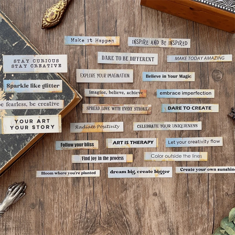 24pcs/lot Vintage English Typewriter Stickers Mottled Word Inspiration Quote Junk Journal Ephemera Sticker Scrapbooking Material