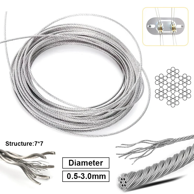 3Rolls~1Roll 0.5-3mm Diameter 7X7 Structure 304 stainless steel wire rope thin cable softer fishing lifting cable 