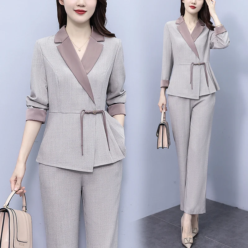 Women Fashion Spring Autumn Pants Sets 2023 New Clothes Elegant Turn Collar Office Lady Female 2 Pieces Outftis High Quality