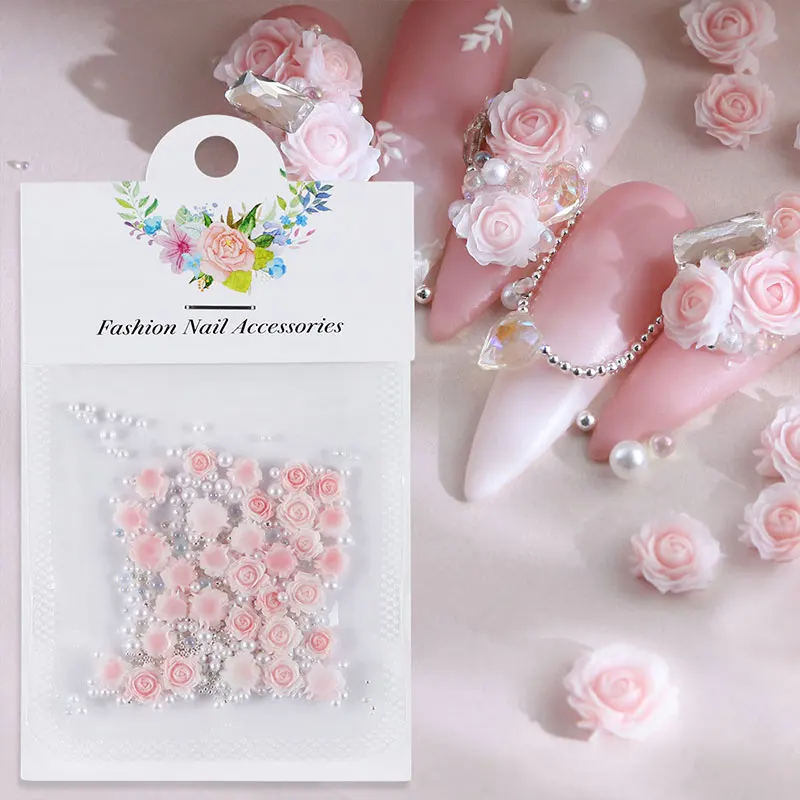 30Pcs Pink Rose Flower 3D Nail Rhinestone Decoration Nail Jewelry Colorful Mixed Pearl Beads Charms Valentine's Nail Arts Supply