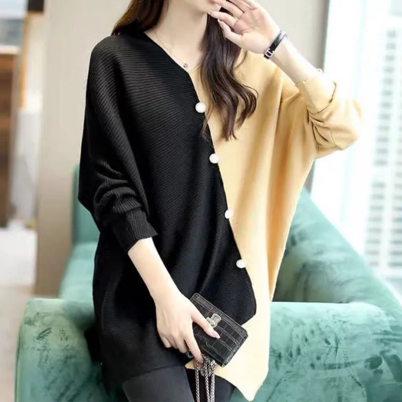 Korean Button Solid Color Spliced Sweaters Casual Autumn Irregular Fashion Batwing Sleeve Loose Knitted Jumpers Women\'s Clothing