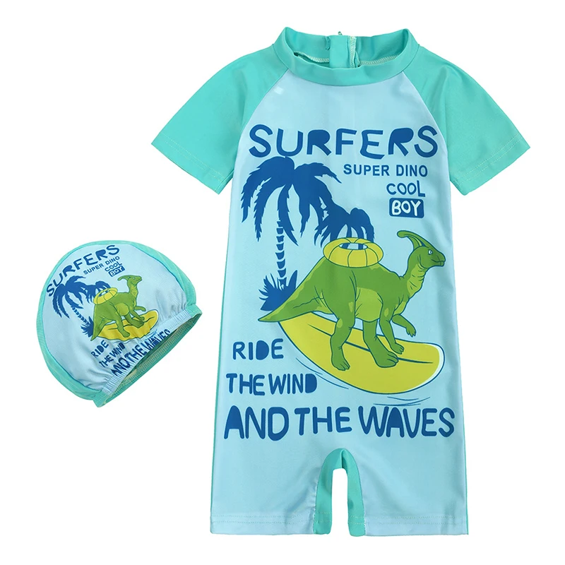 1-8Y 2pcs/set Boys One Piece Swimming Suit for Baby Infant Toddler Swim Surf Wear Child Kids Dinosaur Shark Print With Cap