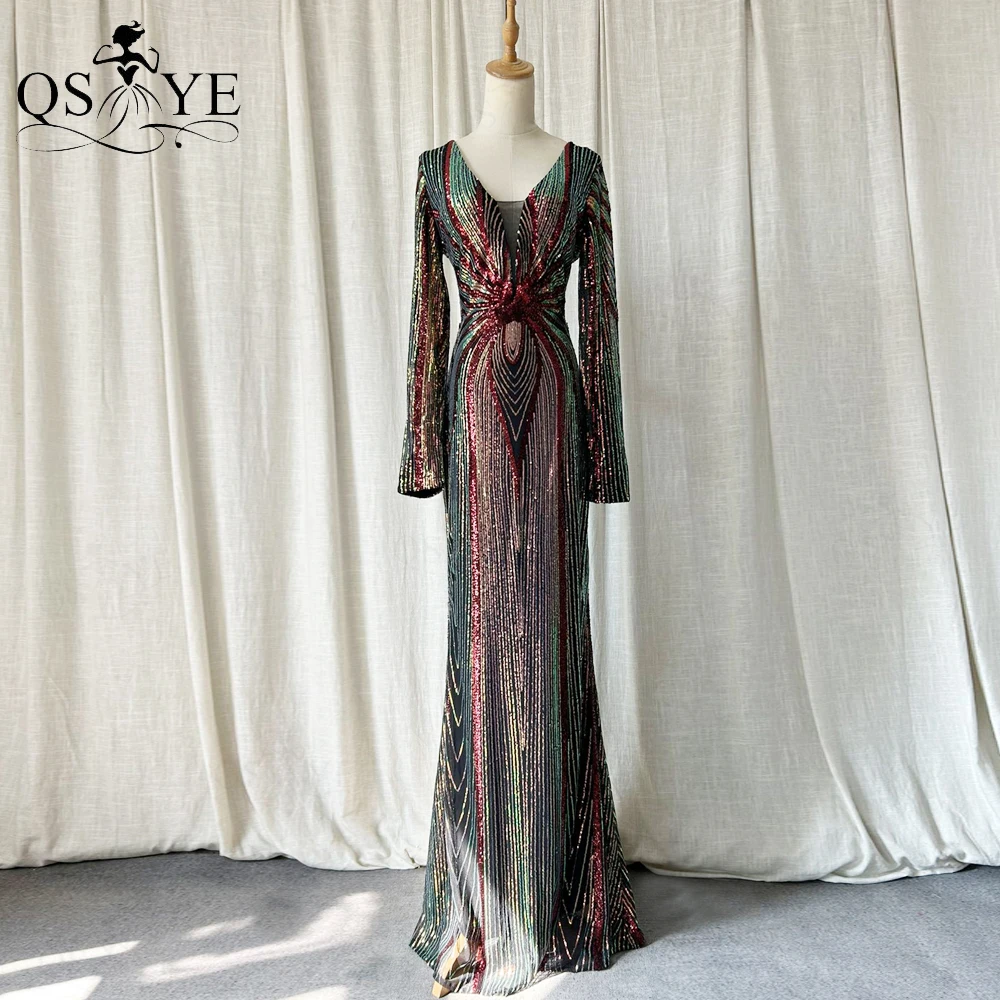 

Long Sleeves Black Red Evening Dresses Shiny Fade Colorful Sequin Mermaid Prom Gown V neck Fit Unique Pattern Formal Party Dress