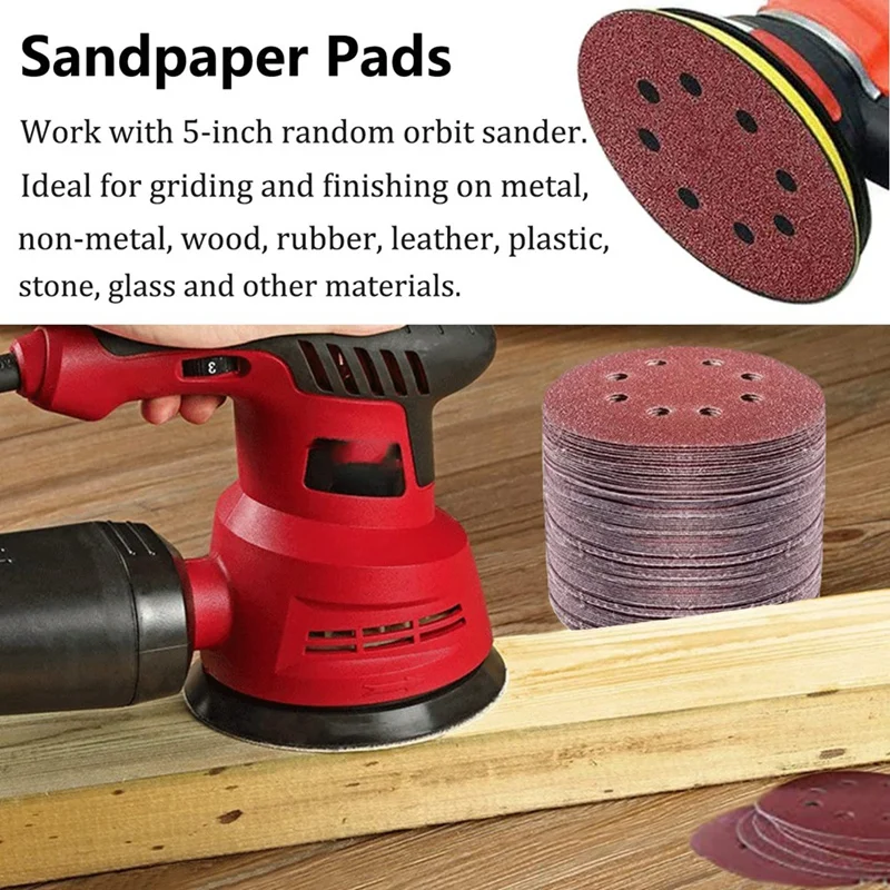 50Pcs Premium 5 Inches 8-Holes Sanding Discs (125Mm), Power Sander Hook & Loop Discs 5 Gradesfor Random (Red)