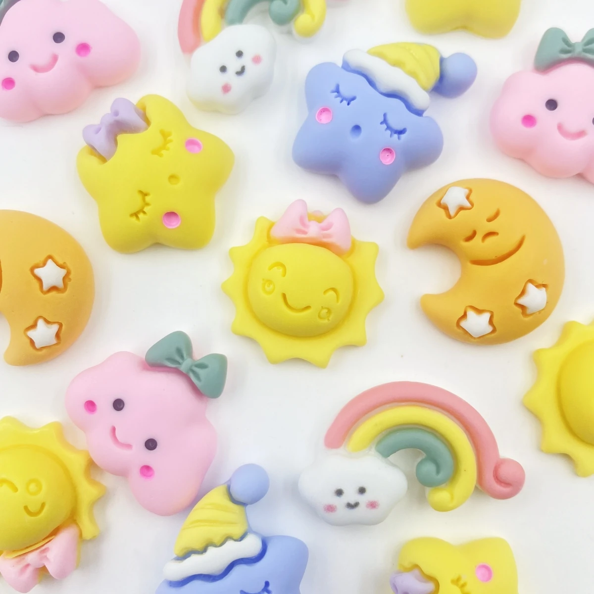 12PCS cute star, nebula, rainbow, moon, sun, flat back resin figurines, DIY scrapbook, bow accessories, home crafts